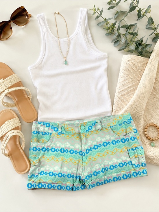 just be Pants - Aztec Print Micro Cargo Cotton Shorts Large Y2K Festival